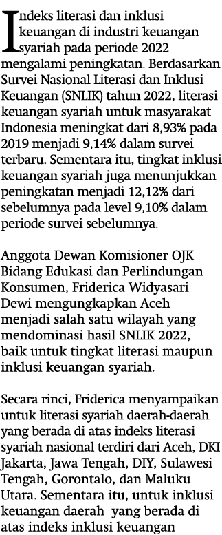 Indeks literasi dan inklusi keuangan di industri keuangan syariah pada periode 2022 mengalami peningkatan. Berdasarka...